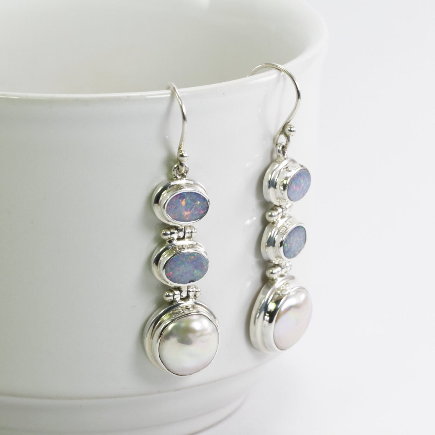 opal earrings dangle set in 925 sterling silver with genuine baroque pearl