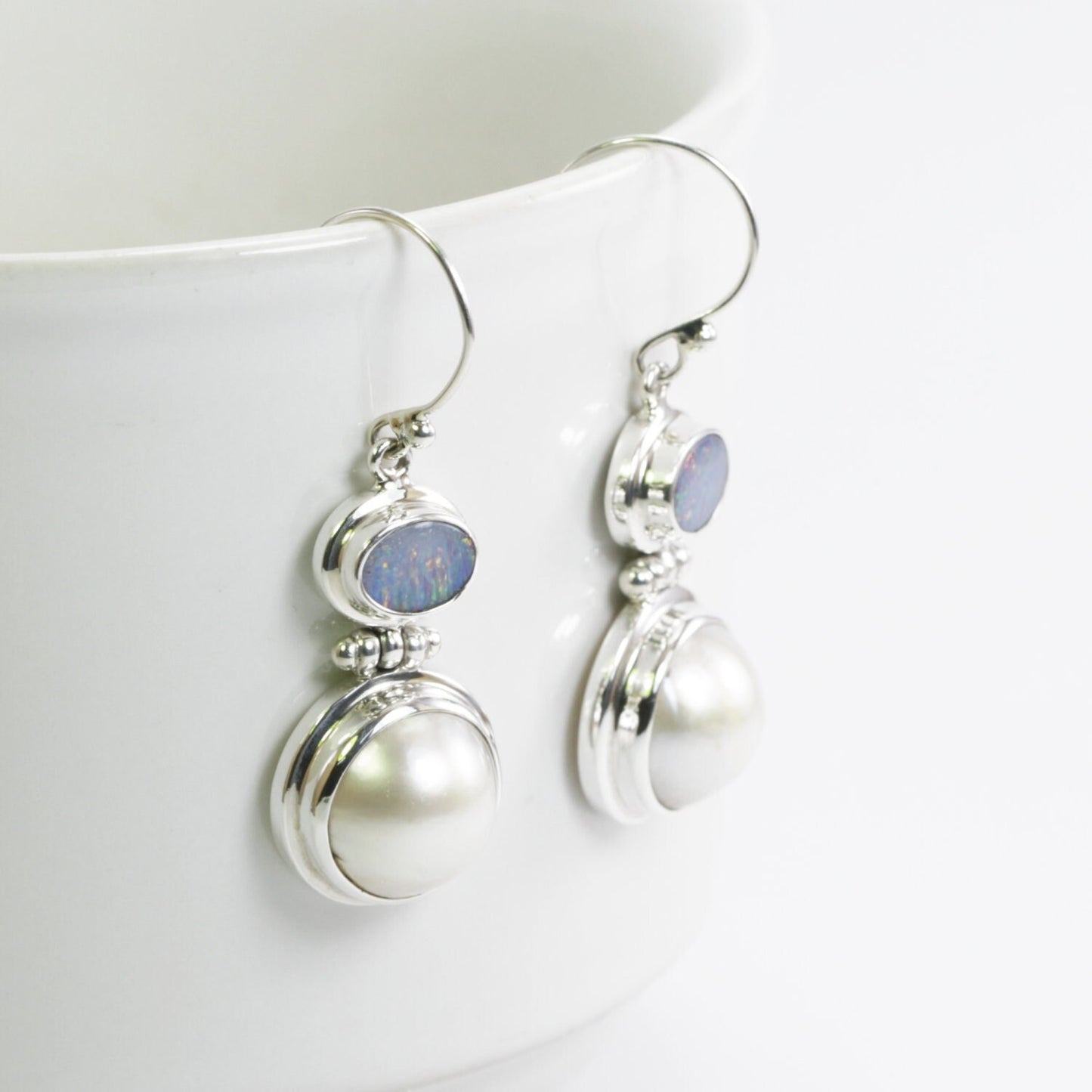 Australian opal earrings 925 sterling silver with genuine round mabe pearl bezel set