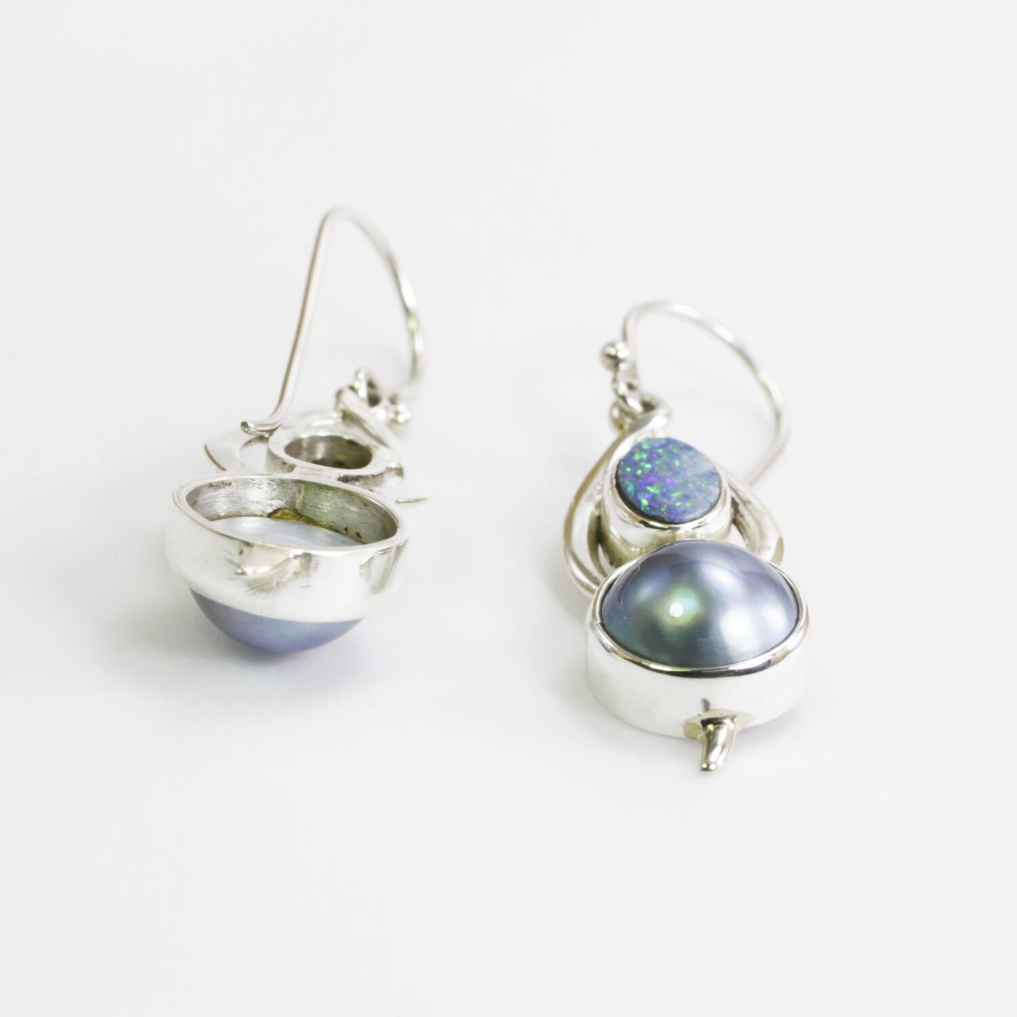 mabe pearl earrings with australian opal set in 925 sterling silver