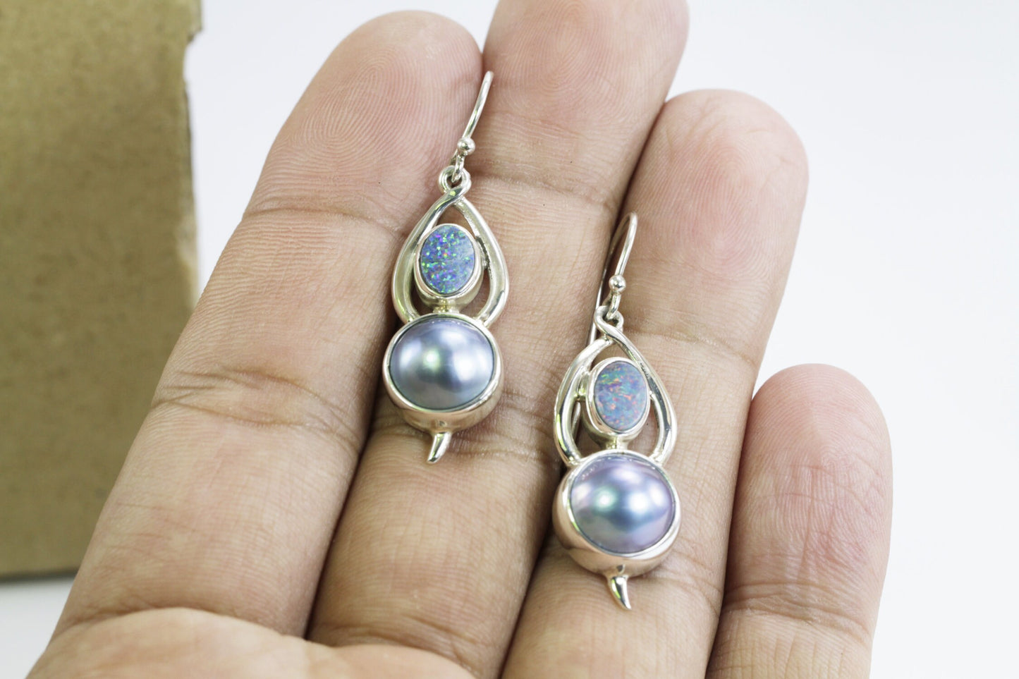 mabe pearl earrings with australian opal set in 925 sterling silver