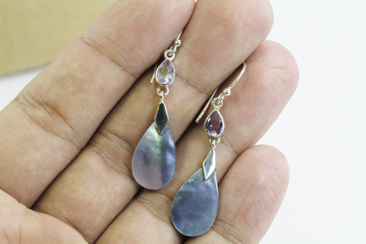 dangle drop earrings with genuine blue mother of pearl and natural drop amethyst set in 925 sterling silver,