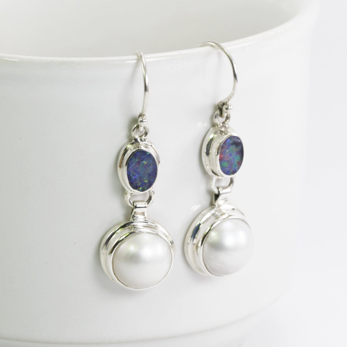 opal earrings 925 sterling silver with genuine freshwater pearl dangle drop