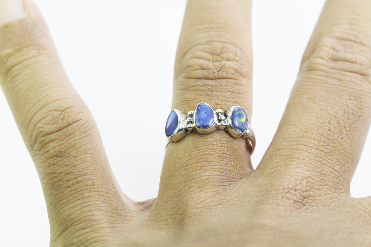 opal ring set in 925 sterling silver ring, three stones ring, Australian Opal ring