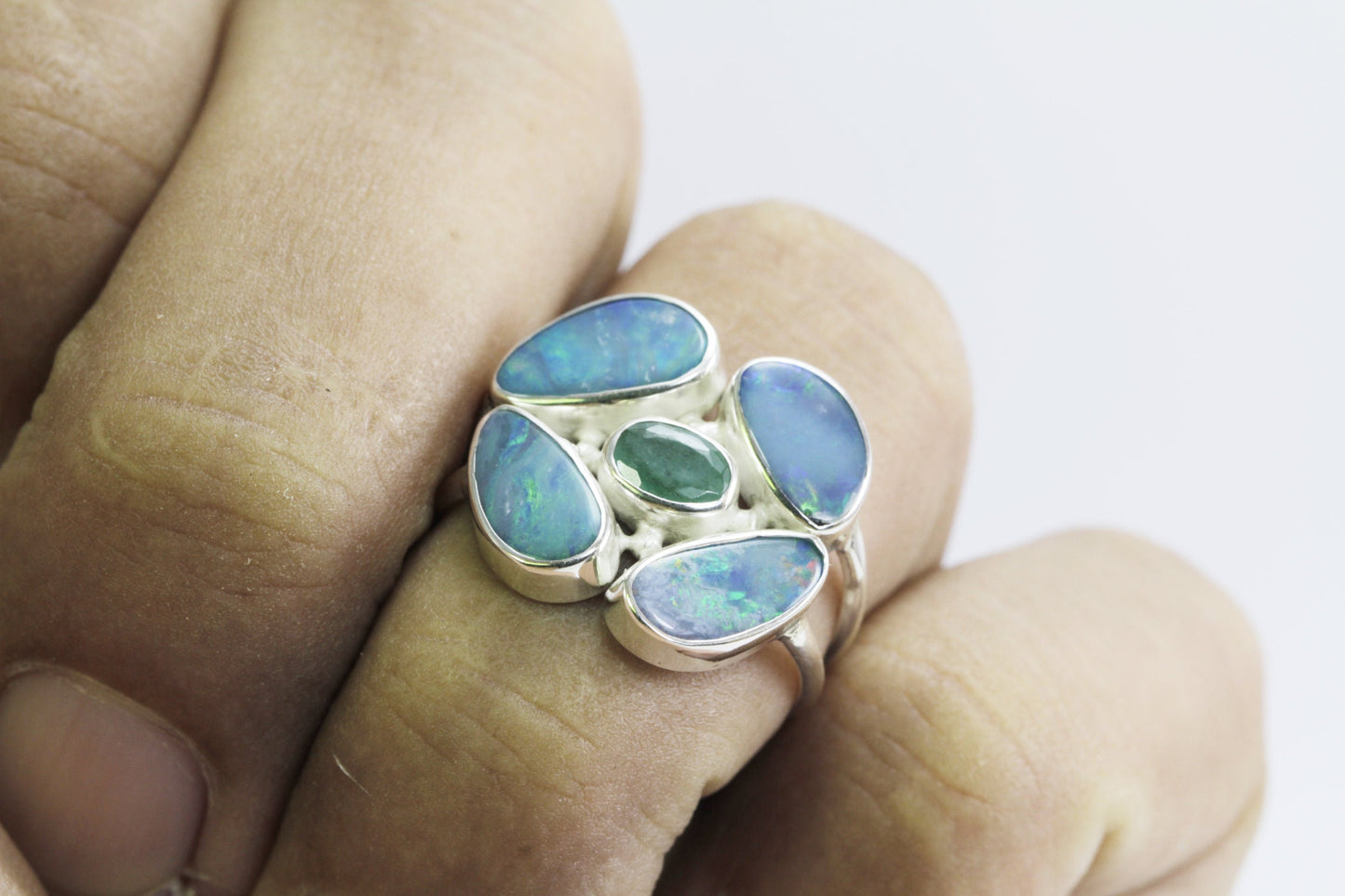 multi stone ring 925 sterling silver with natural Australian opal and genuine green emerald