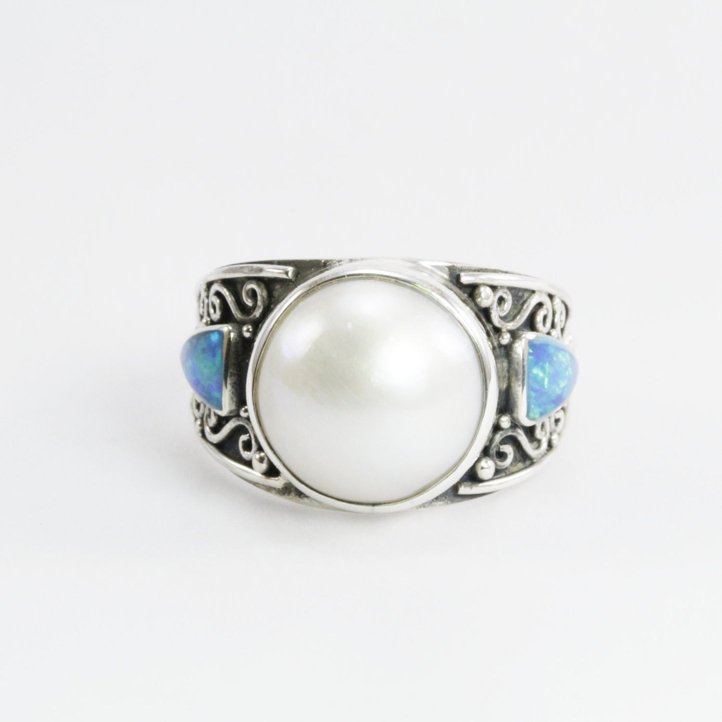 LUX white Mabe pearl ring decorated with handmade filigree and formed blue opal set in 925 sterling silver, 12 mm mabe pearl ring