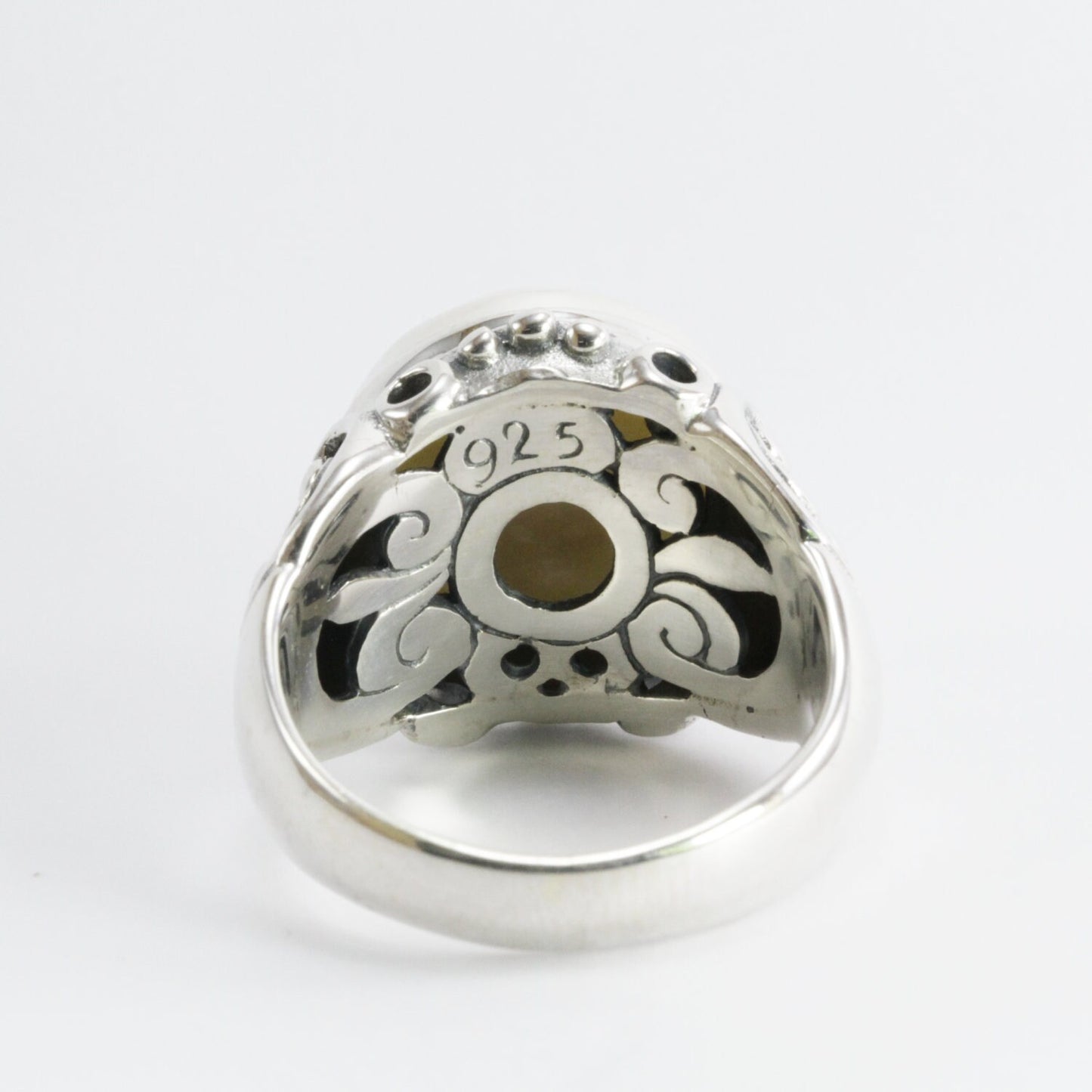 Natural round mabe pearl ring set in 925 sterling silver decorated with Handmade filigree art, 12 mm round mabe pearl wide band ring