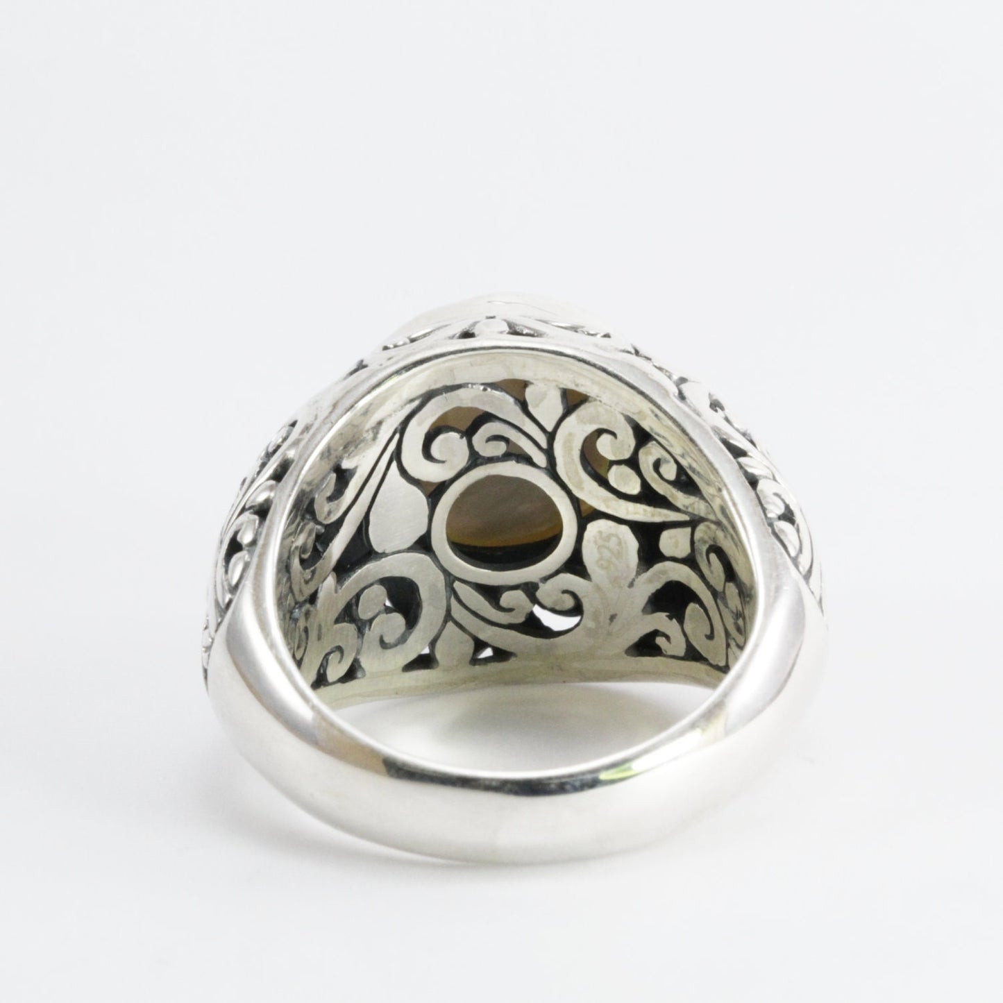 Genuine round mabe pearl ring set in 925 sterling silver decorated with Handmade filigree woven art, 12 mm round mabe pearl wide band ring