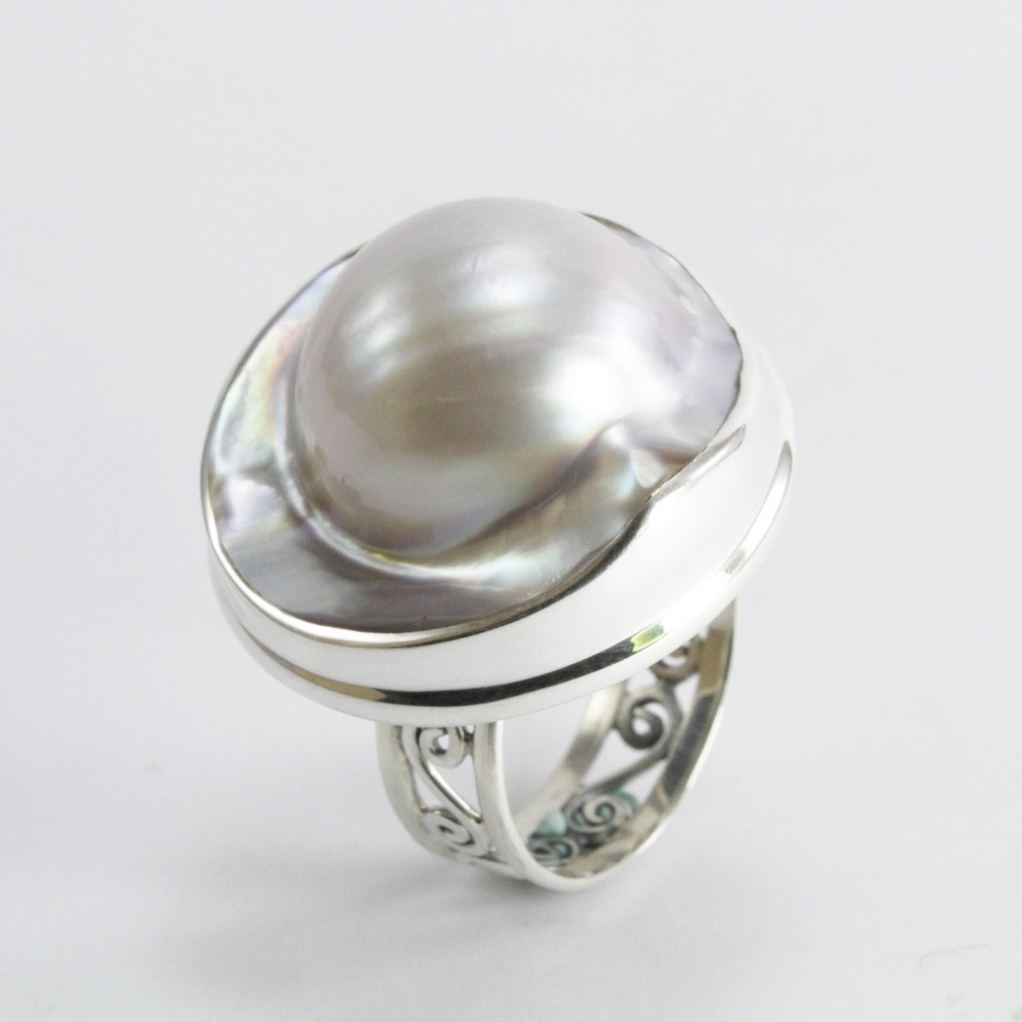 RARE 20 mm genuine BLISTER mabe pearl set in Handmade ring 925 sterling silver, large blister pearl ring bezel set