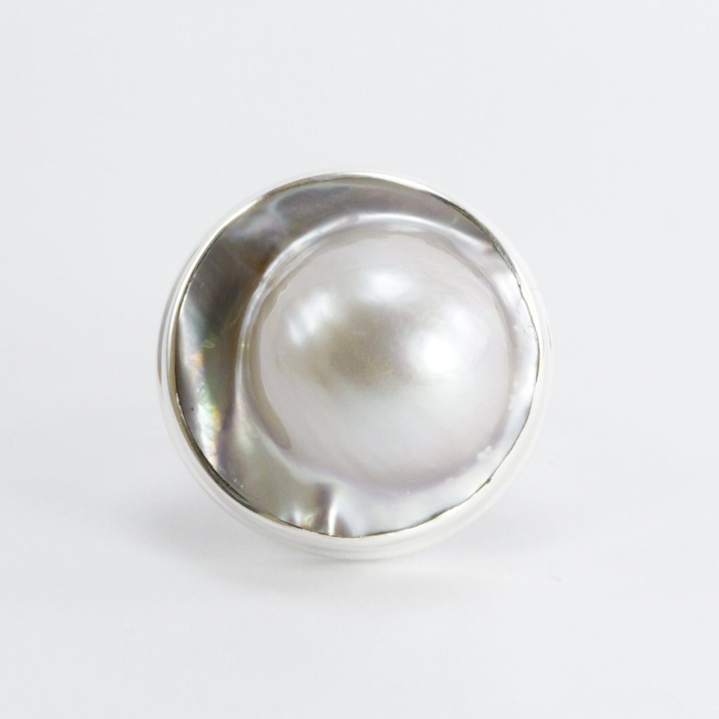 RARE 20 mm genuine BLISTER mabe pearl set in Handmade ring 925 sterling silver, large blister pearl ring bezel set