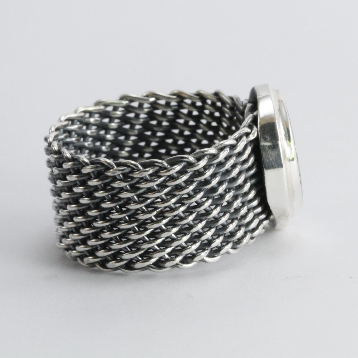 Handmade woven chain ring in 925 sterling silver with natural Australian Opal, Genuine fire Opal Ring