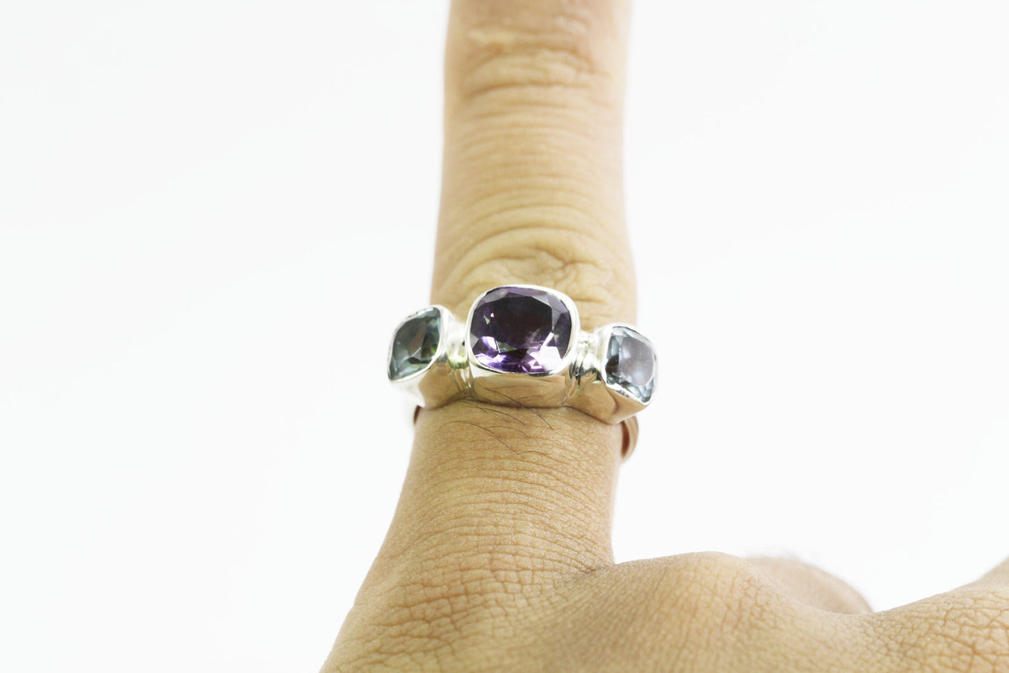Three stone ring 925 sterling silver with 6 mm amethyst and 8 mm blue topaz