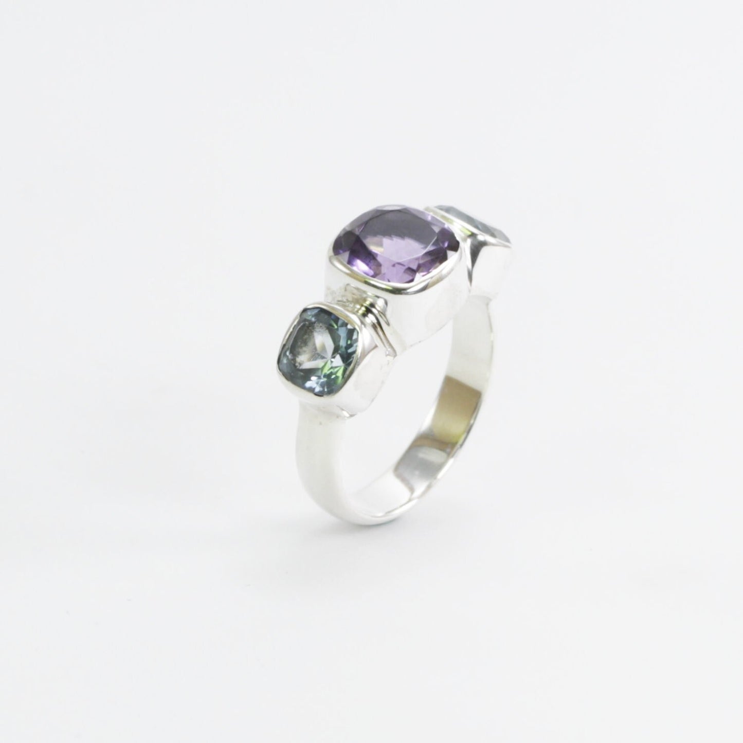 Three stone ring 925 sterling silver with 6 mm amethyst and 8 mm blue topaz