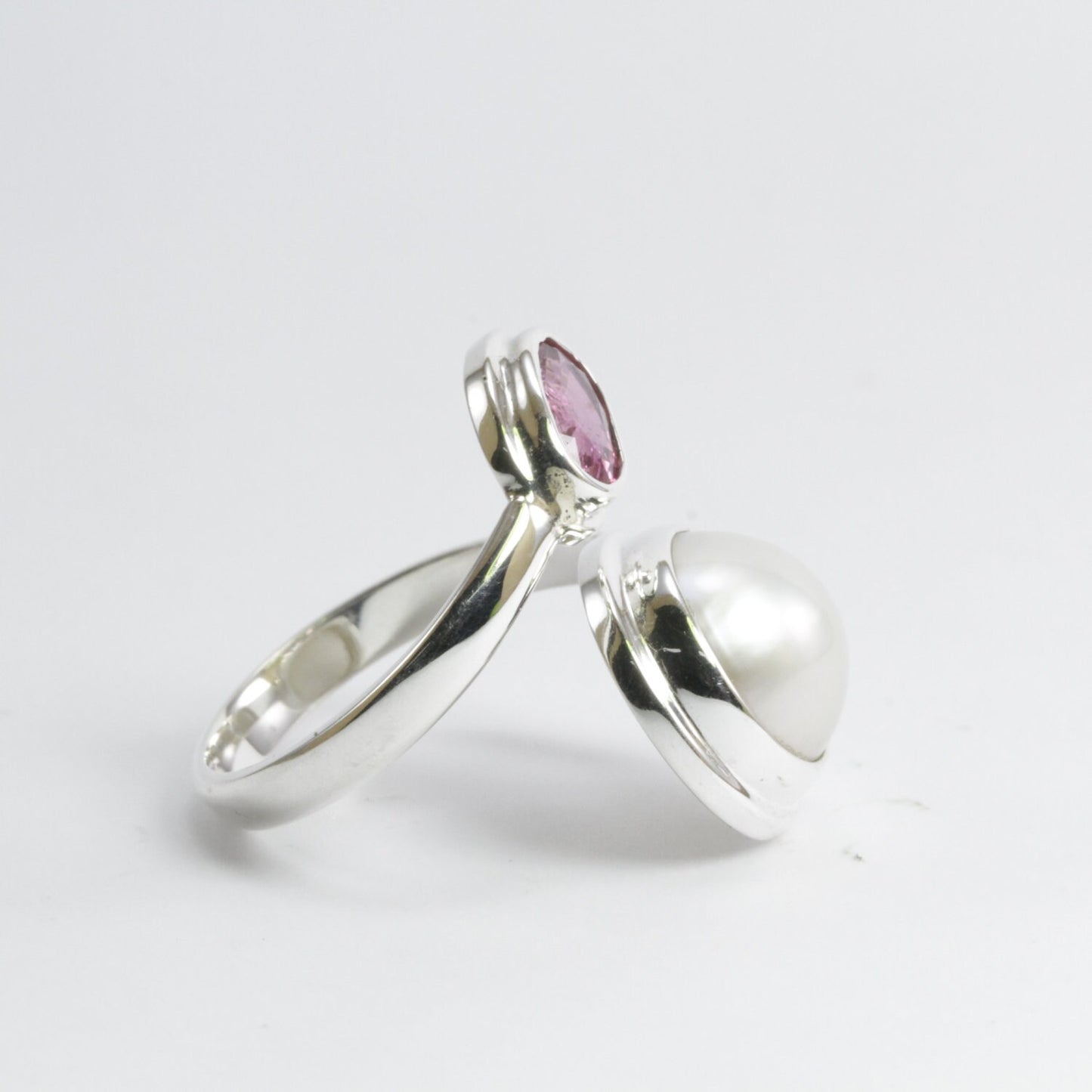 Handmade bypass freesize ring with genuine 12 mm white mabe pearl and natural Pink Tourmaline,