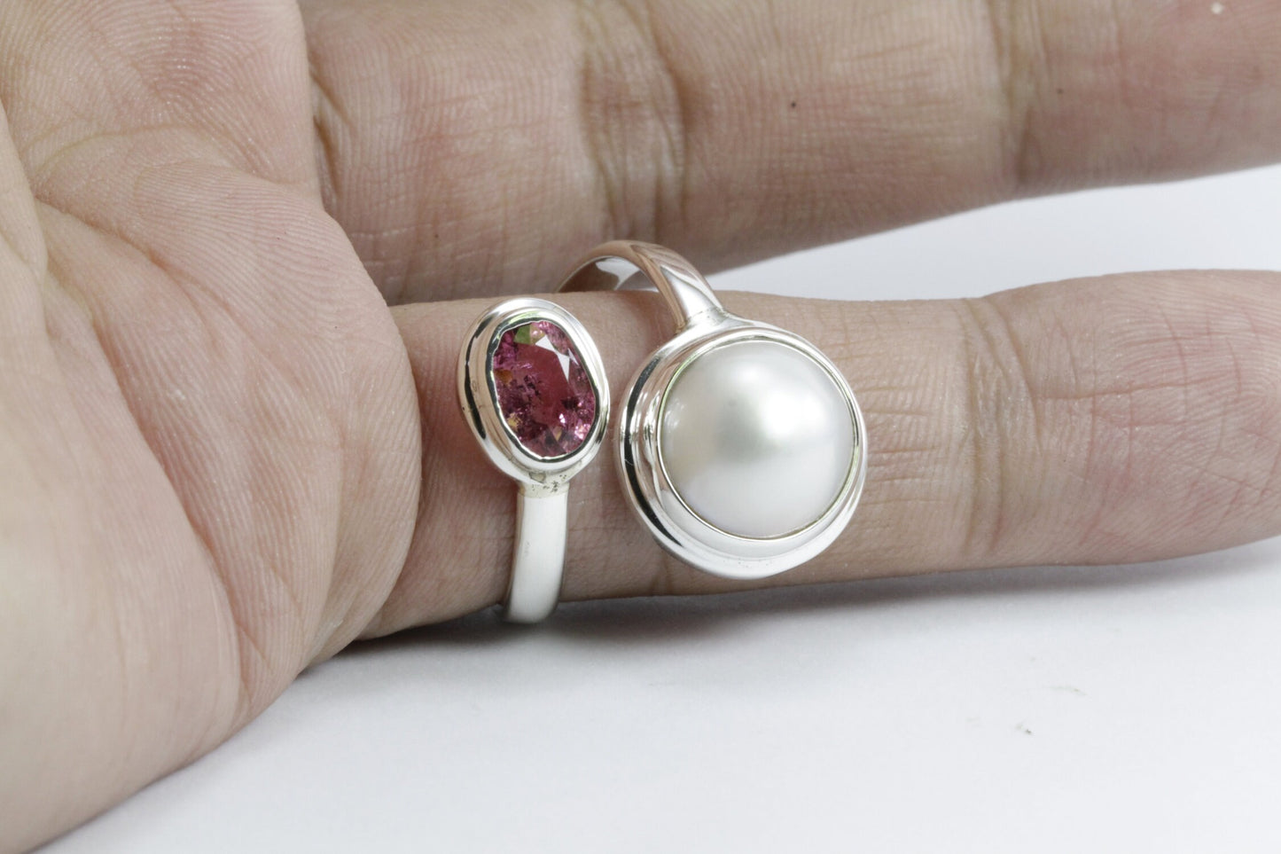 Handmade bypass freesize ring with genuine 12 mm white mabe pearl and natural Pink Tourmaline,
