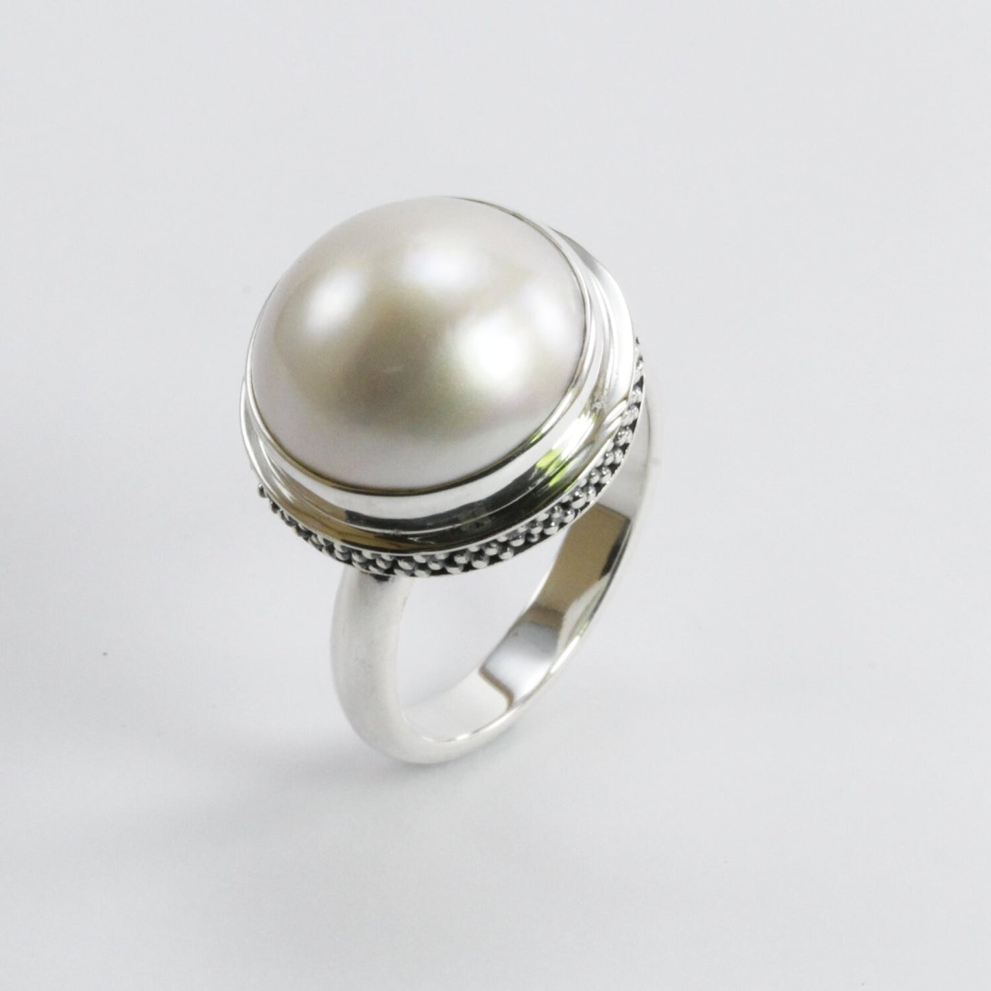 Genuine Round mabe pearl ring set in 925 sterling silver caviar dot carving
