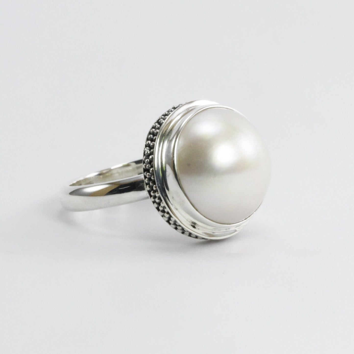 Genuine Round mabe pearl ring set in 925 sterling silver caviar dot carving