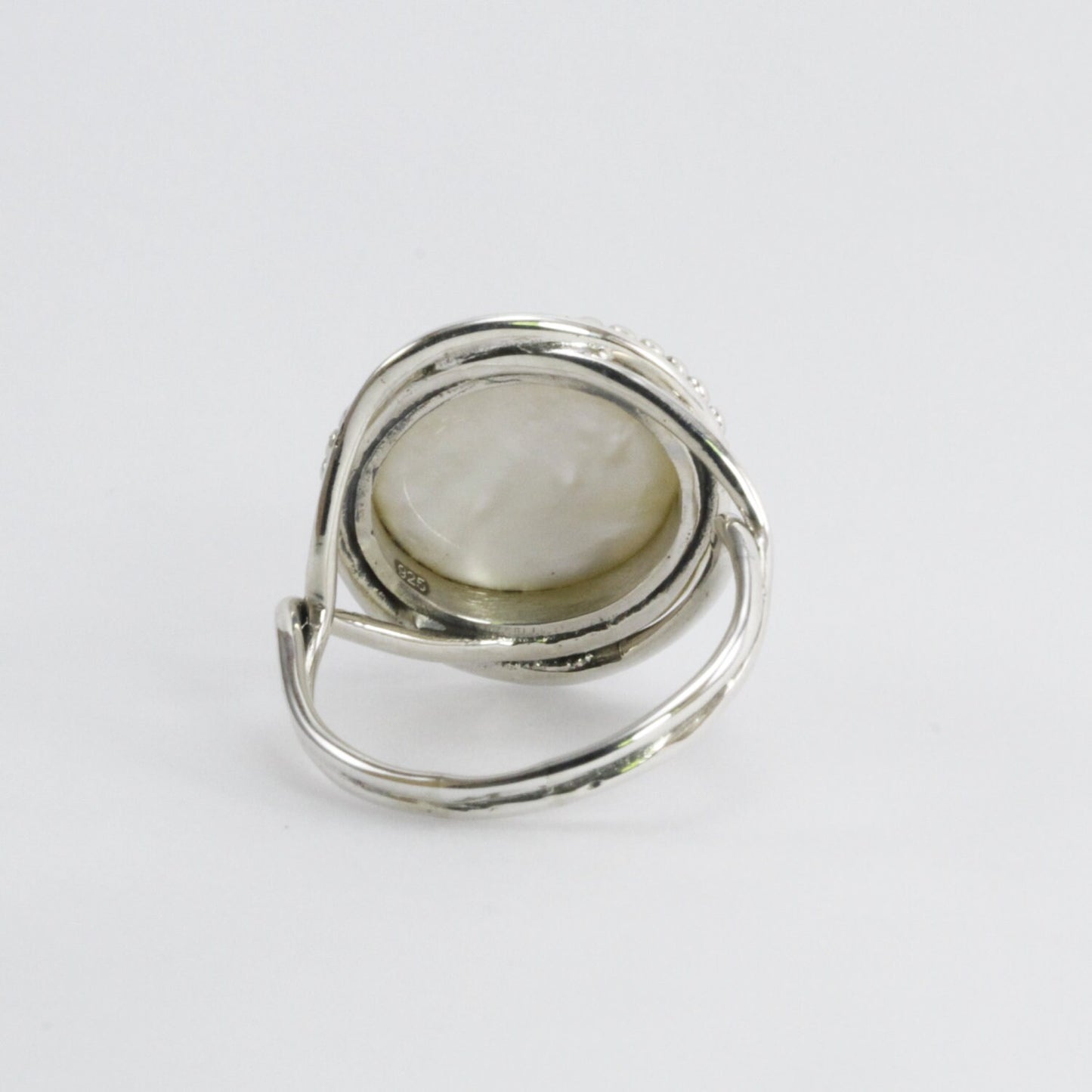 Handmade split shank ring 925 sterling silver with genuine round 13 mm south sea mabe pearl decorated with silver ball filigree