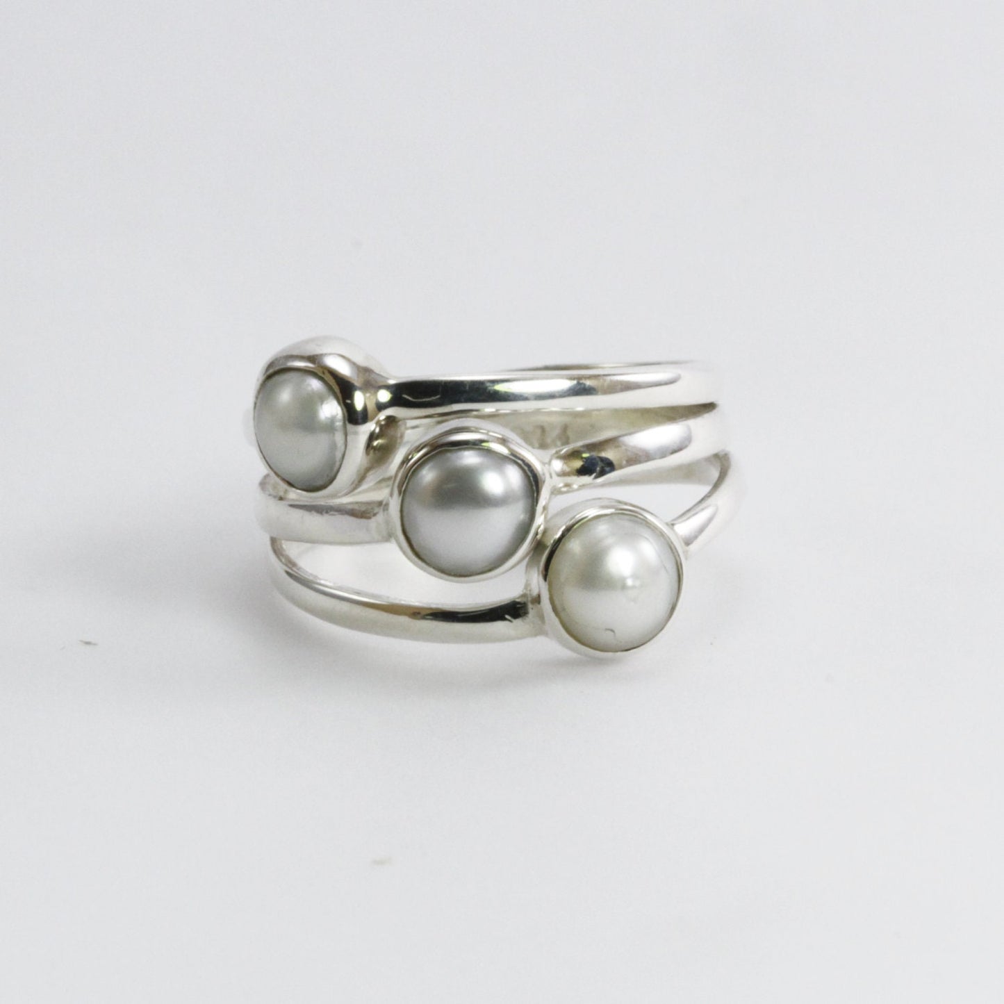 Handmade triple pearl ring bezel set in 925 sterling silver, genuine round fresh water pearl ring