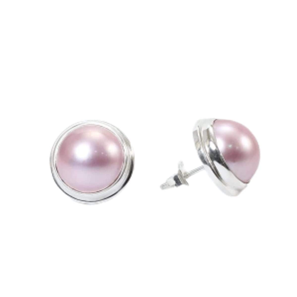 pink mabe pearl earrings stud Round 13 mm set in handmade double bezel 925 sterling silver