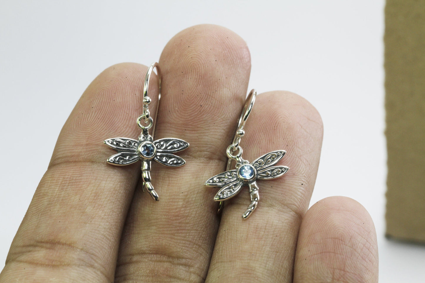 Beautiful dragonfly dangling earrings with genuine gems stone blue topaz set in 925 sterling silver decorated with swirl filigree art