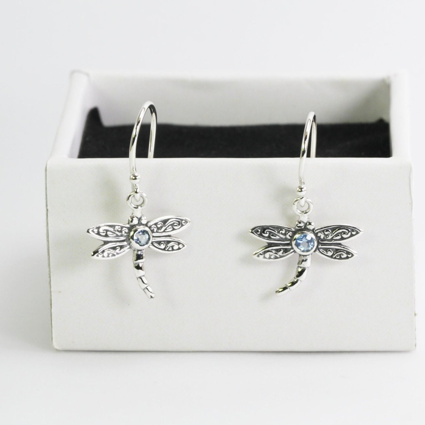 Beautiful dragonfly dangling earrings with genuine gems stone blue topaz set in 925 sterling silver decorated with swirl filigree art