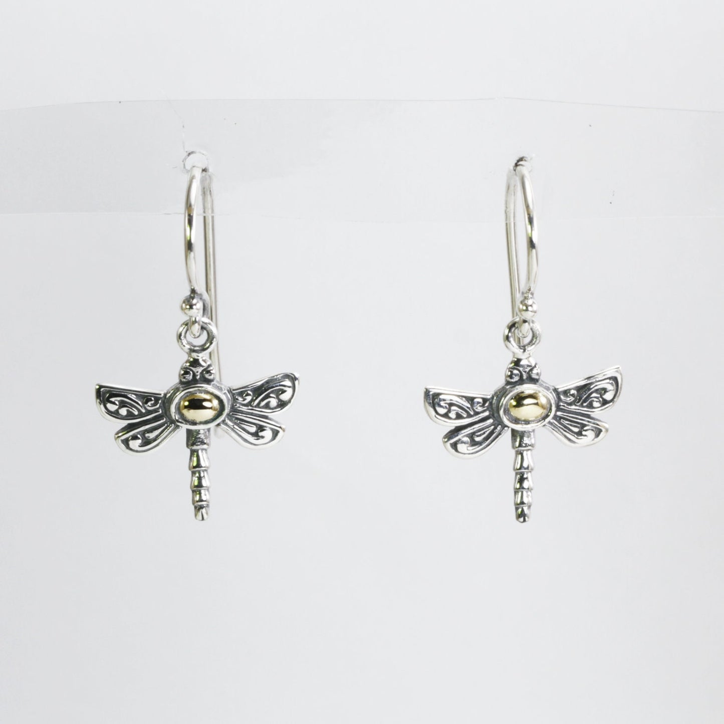 Beautiful dragonfly earrings 925 sterling silver , 18K gold accent decorated with swirl filigree ornament art