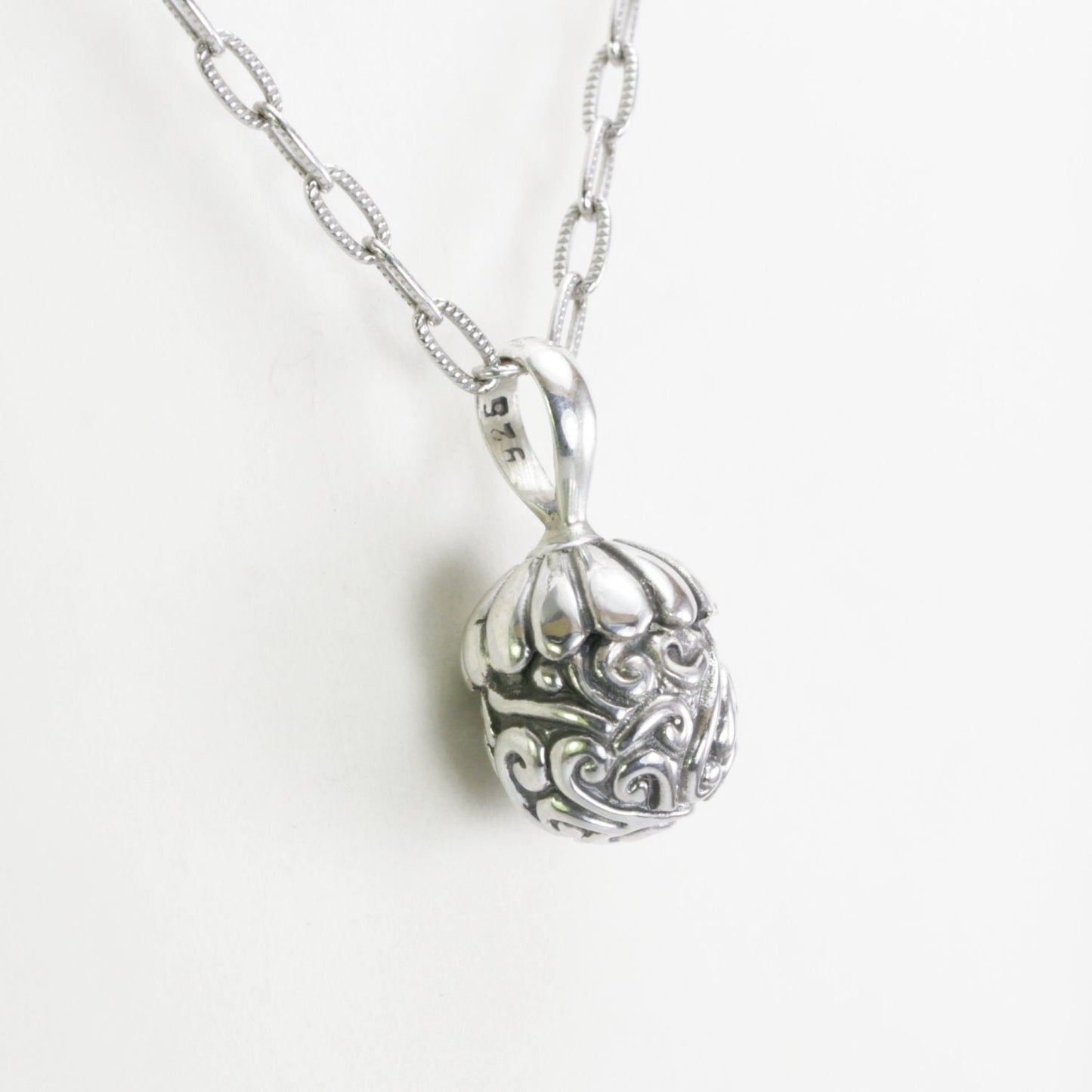 Acorn pendant necklace 925 sterling silver with swirl filigree ornament art