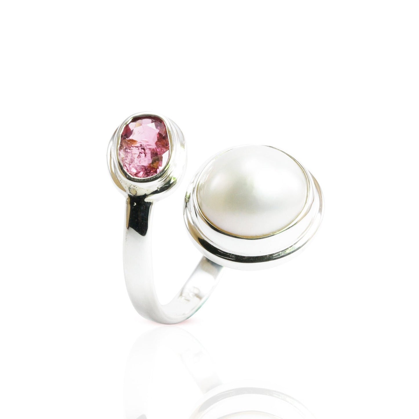 Handmade bypass freesize ring with genuine 12 mm white mabe pearl and natural Pink Tourmaline,