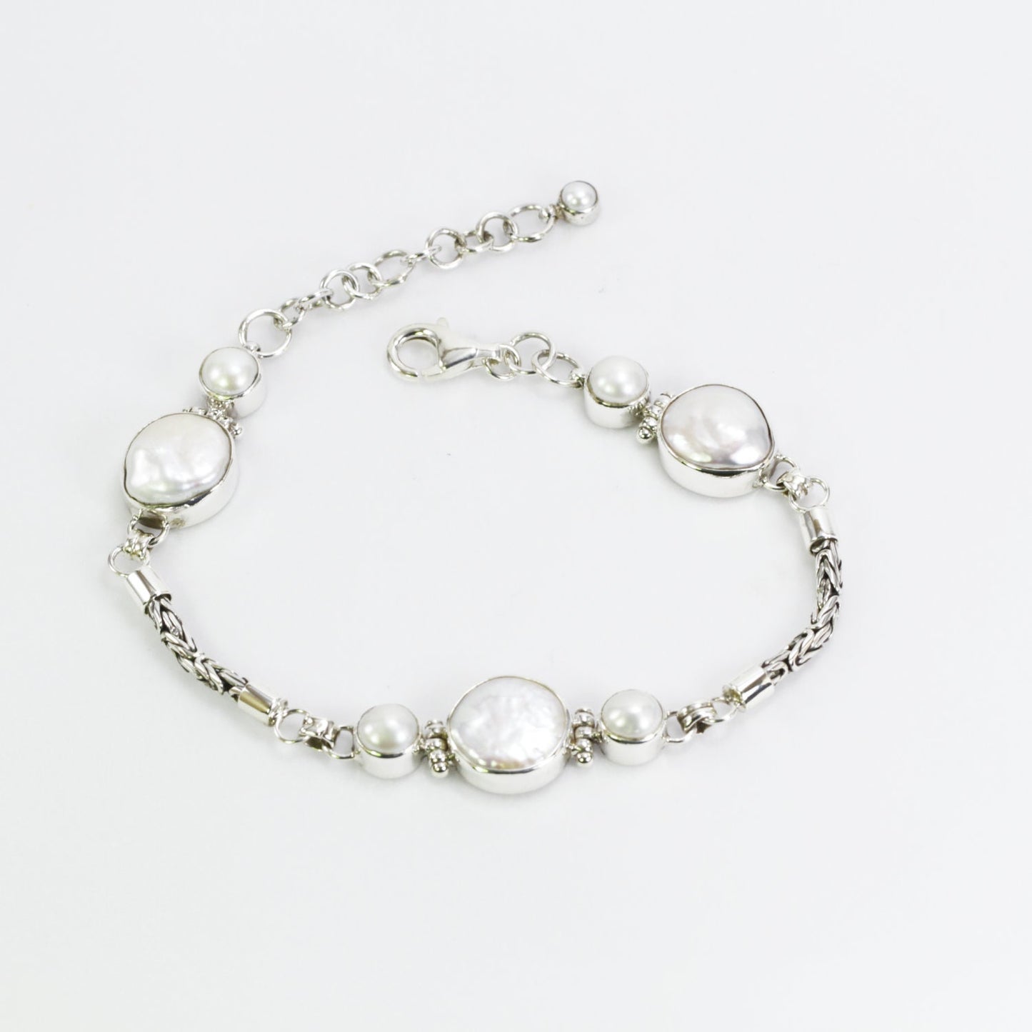Byzantine chain bracelet 7.5"-9" inch with natural Baroque Biwa Pearl set in 925 sterling silver with lobster claw
