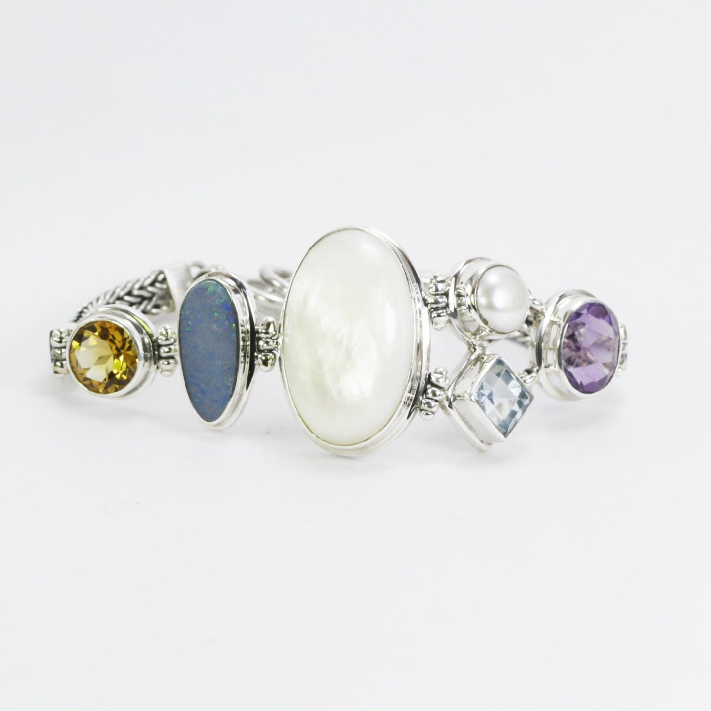 Multi Gems stones bracelet 7" inch 925 sterling silver foxtail chain