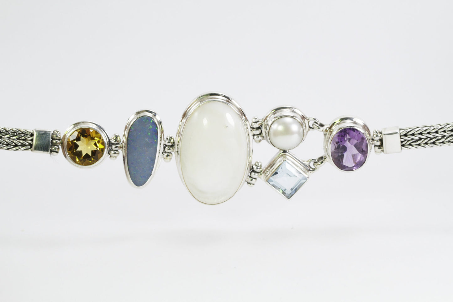 Multi Gems stones bracelet 7" inch 925 sterling silver foxtail chain