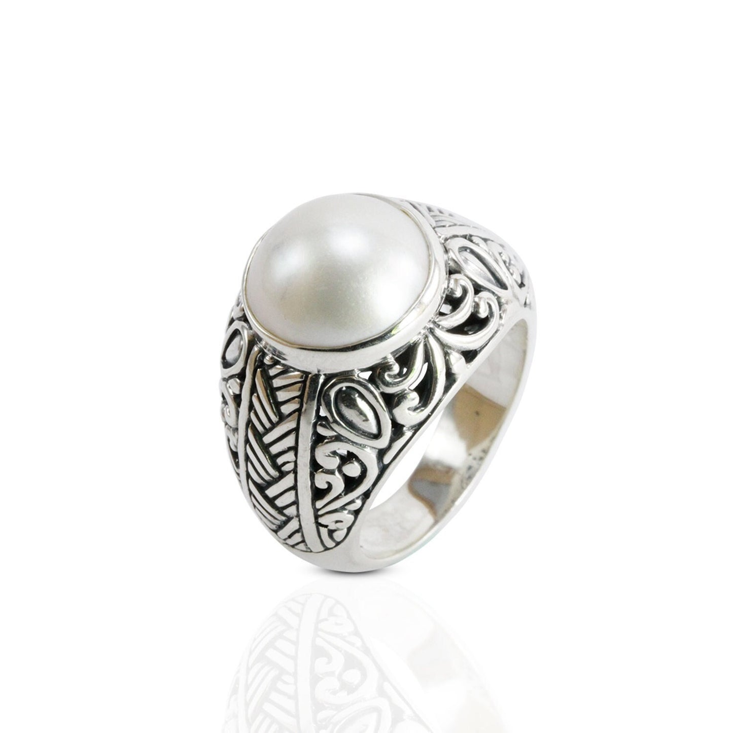 Genuine round mabe pearl ring set in 925 sterling silver decorated with Handmade filigree woven art, 12 mm round mabe pearl wide band ring