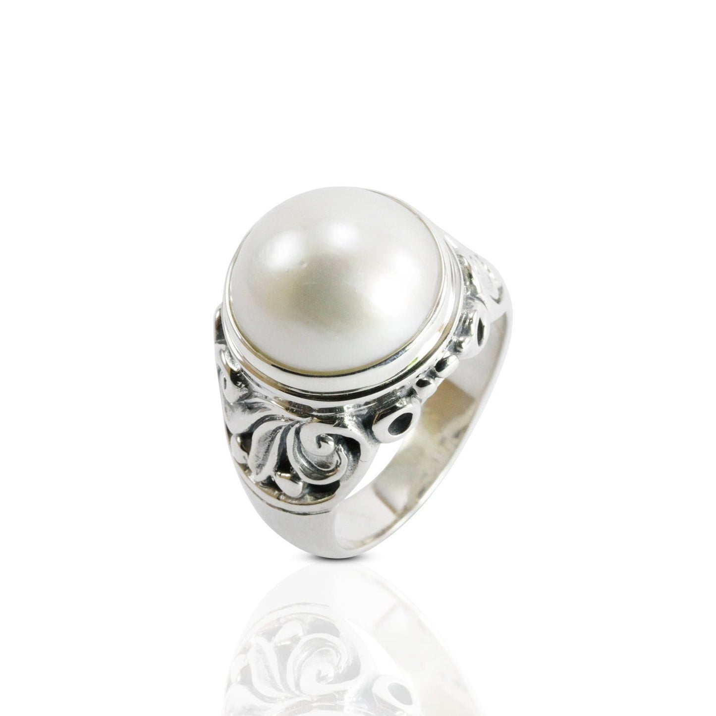 Natural round mabe pearl ring set in 925 sterling silver decorated with Handmade filigree art, 12 mm round mabe pearl wide band ring