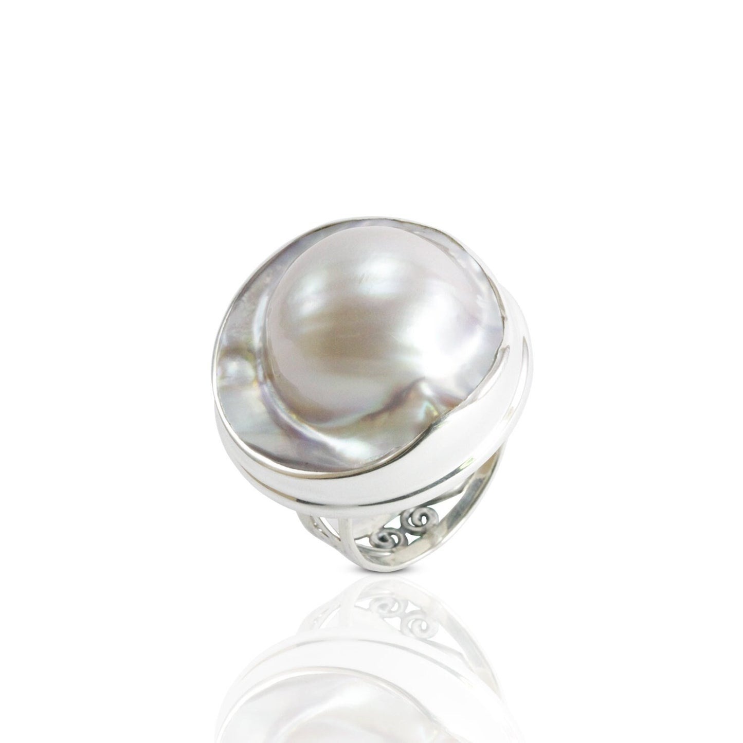 RARE 20 mm genuine BLISTER mabe pearl set in Handmade ring 925 sterling silver, large blister pearl ring bezel set