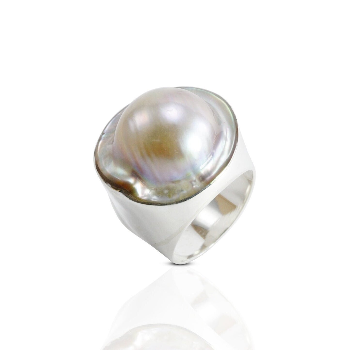 blister mabe pearl set in Handmade ring 925 sterling silver ring, RARE 20 mm blister ring bezel set, box ring with blister