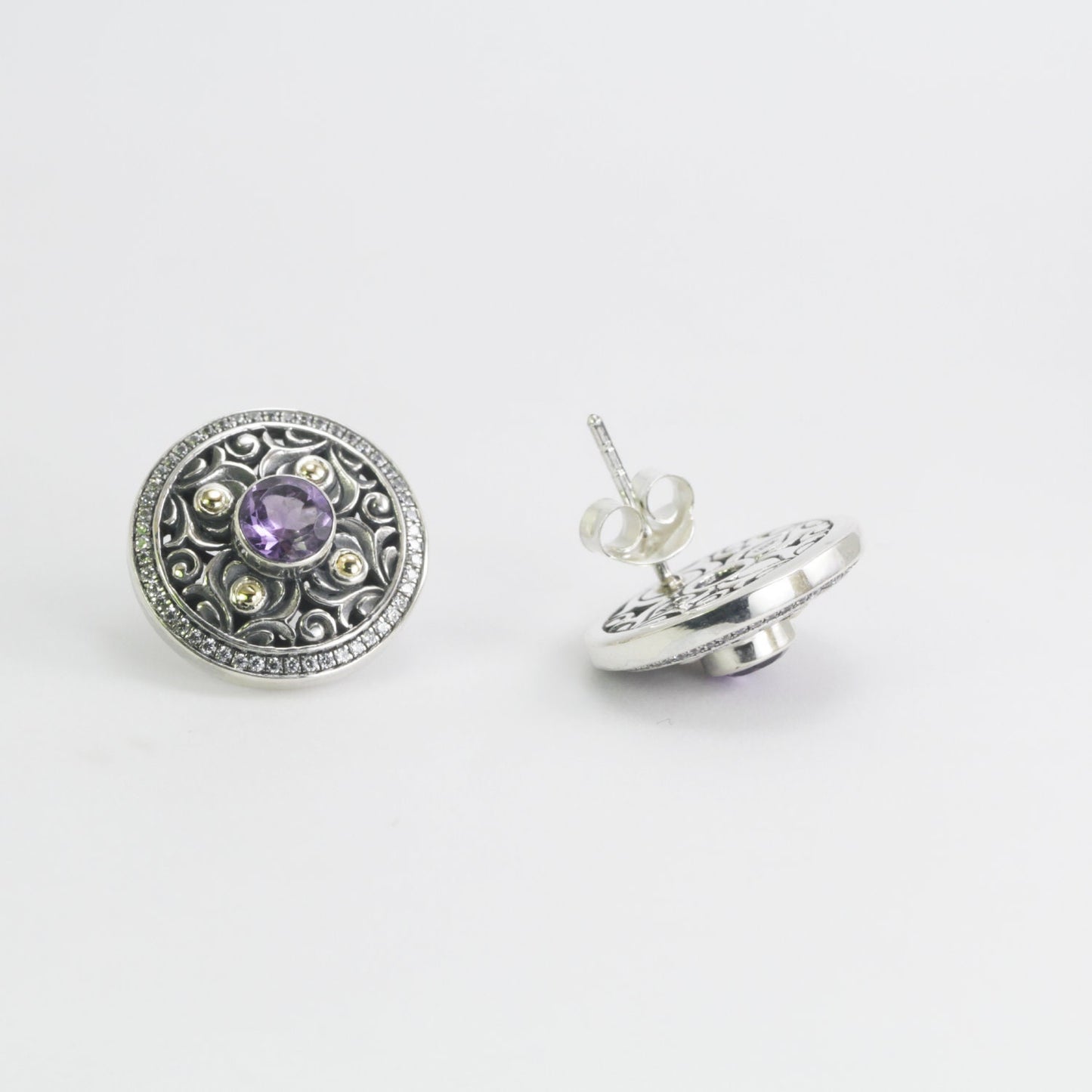 round earrings 925 sterling silver with genuine round amethyst and white topaz pave decorated with filigree ornament, 18 K yellow gold