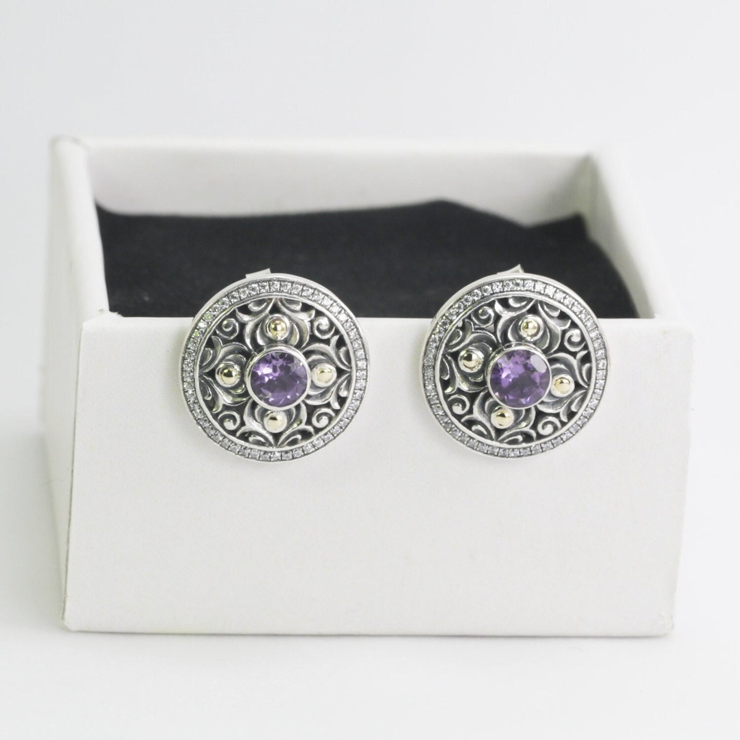 round earrings 925 sterling silver with genuine round amethyst and white topaz pave decorated with filigree ornament, 18 K yellow gold