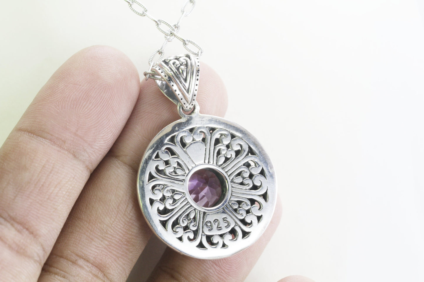 amethyst pendant 925 sterling silver decorated with lotus filigree art and white topaz pave