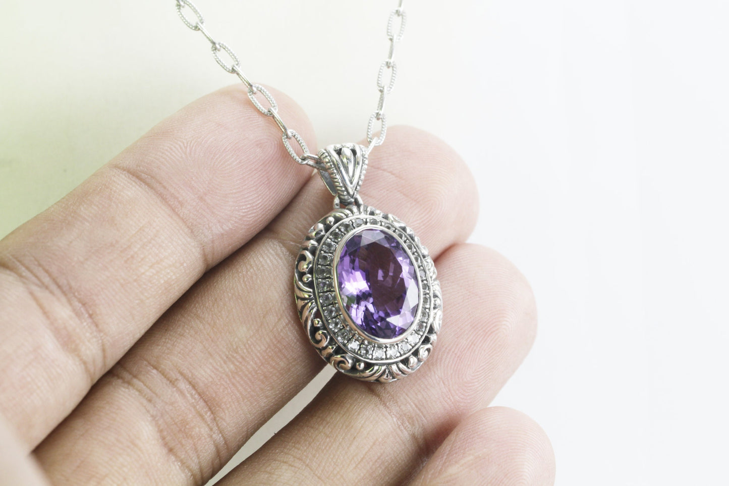 amethyst pendant necklace oval shape set in 925 sterling silver filigree art and white topaz pave