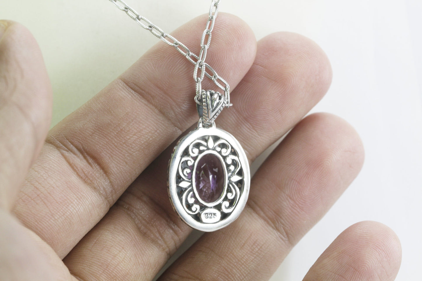amethyst pendant necklace oval shape set in 925 sterling silver filigree art and white topaz pave