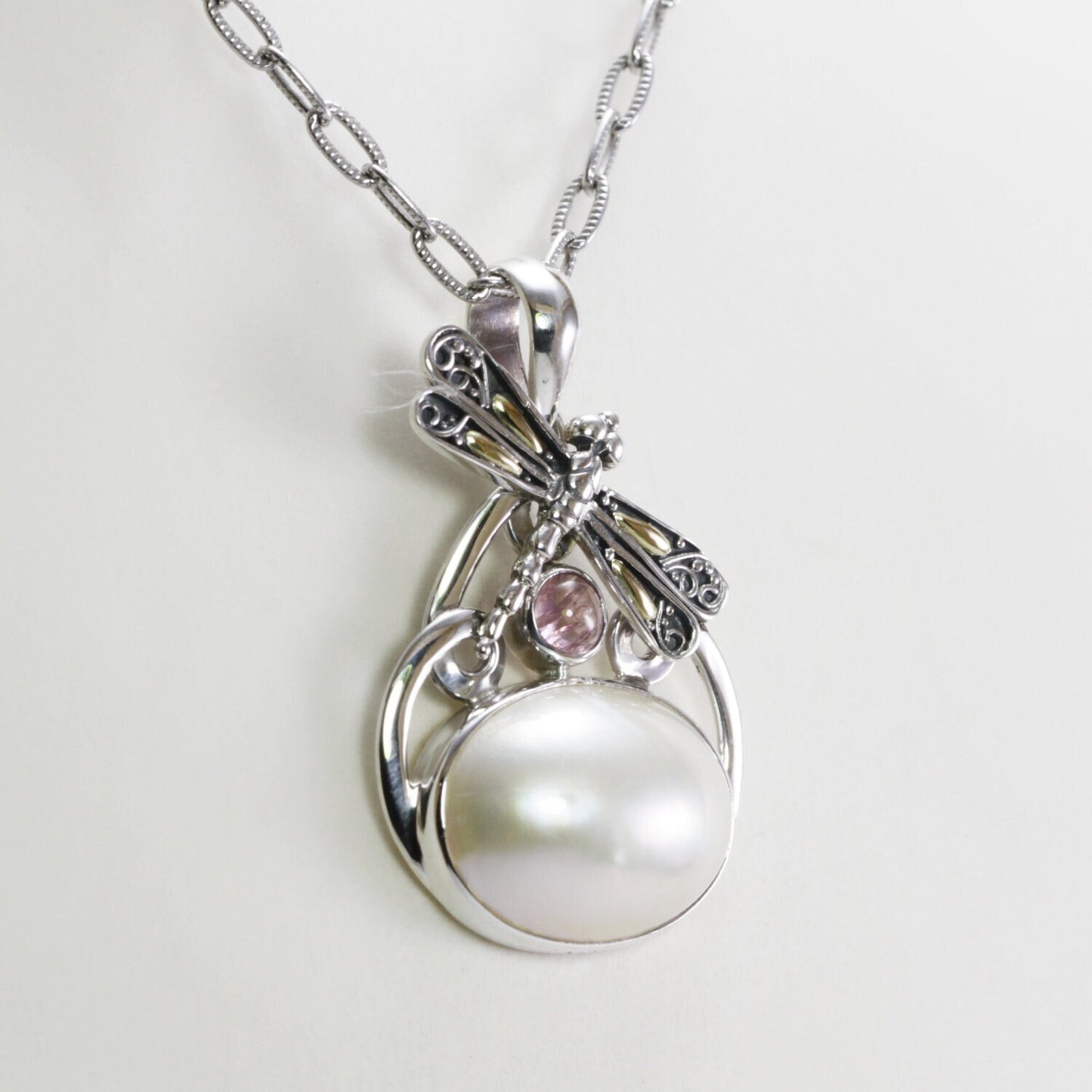 white mabe pearl pendant necklace 925 sterling silver oval shape decorated with pink tourmaline and dragonfly ornament with 18 k gold