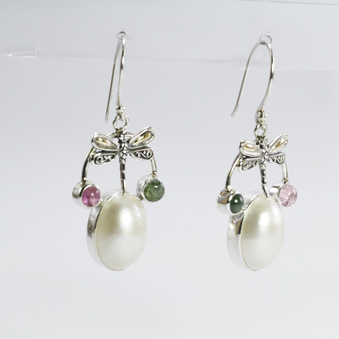 dragonfly earrings 925 sterling silver with 18 K gold, genuine tourmaline and oval shape mabe pearl
