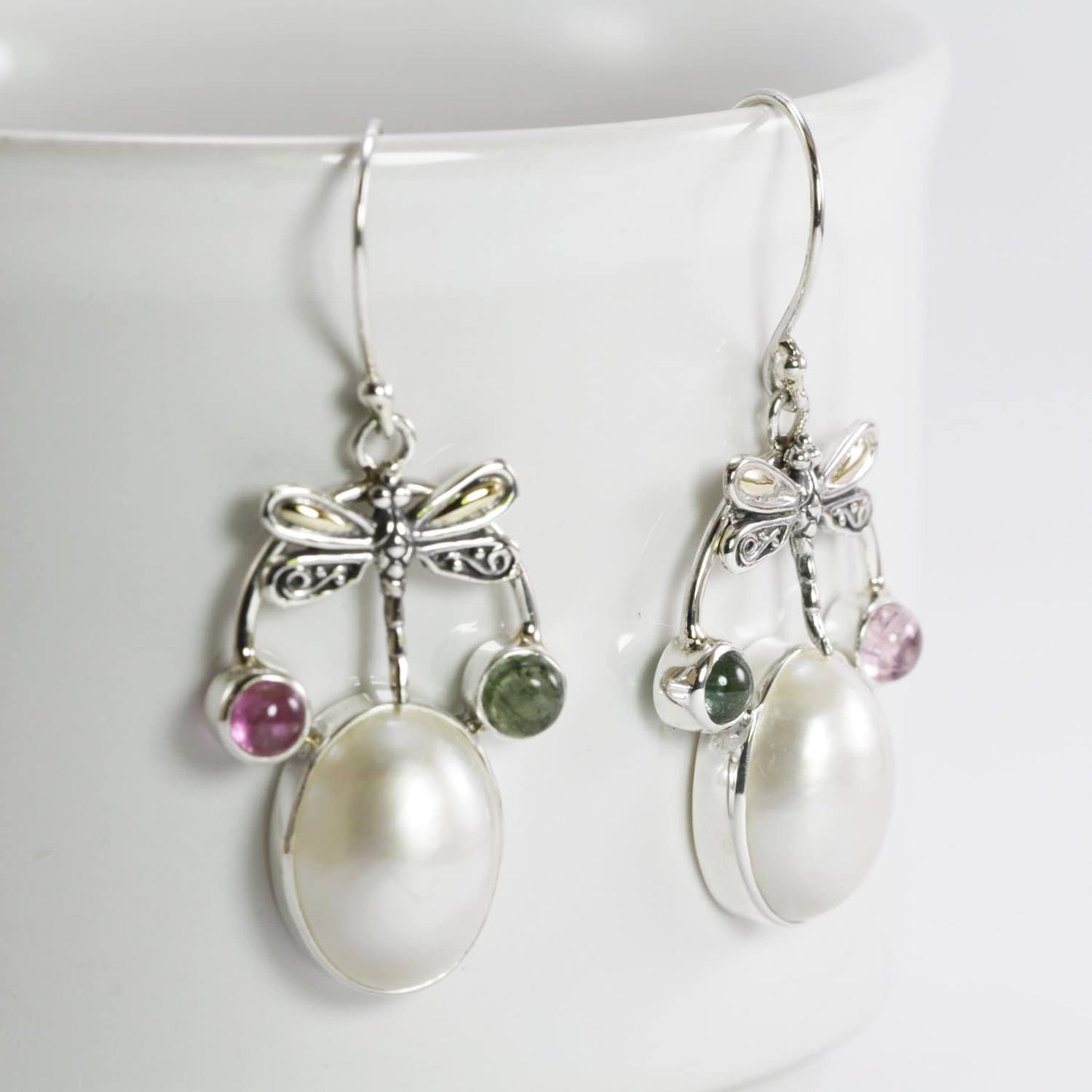 dragonfly earrings 925 sterling silver with 18 K gold, genuine tourmaline and oval shape mabe pearl