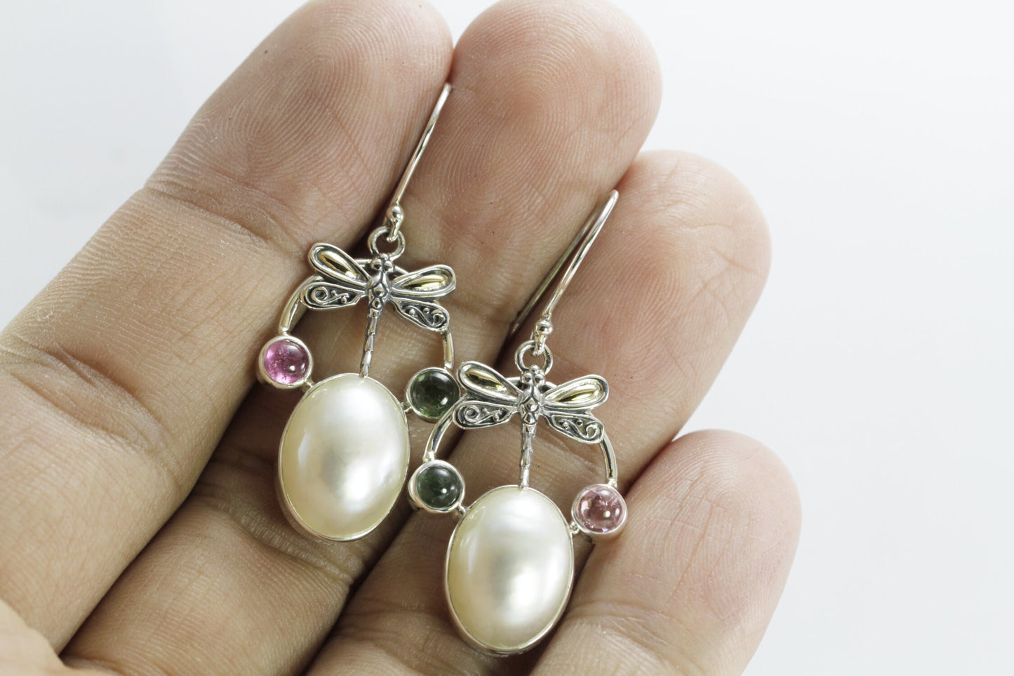dragonfly earrings 925 sterling silver with 18 K gold, genuine tourmaline and oval shape mabe pearl