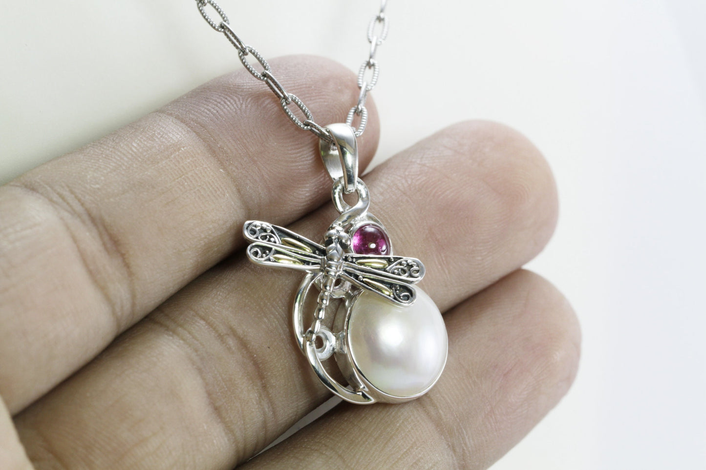 Beautiful handmade Dragonfly Pendant with natural Pink tourmaline and genuine Round mabe pearl decorated with 18K yellow gold on the wings