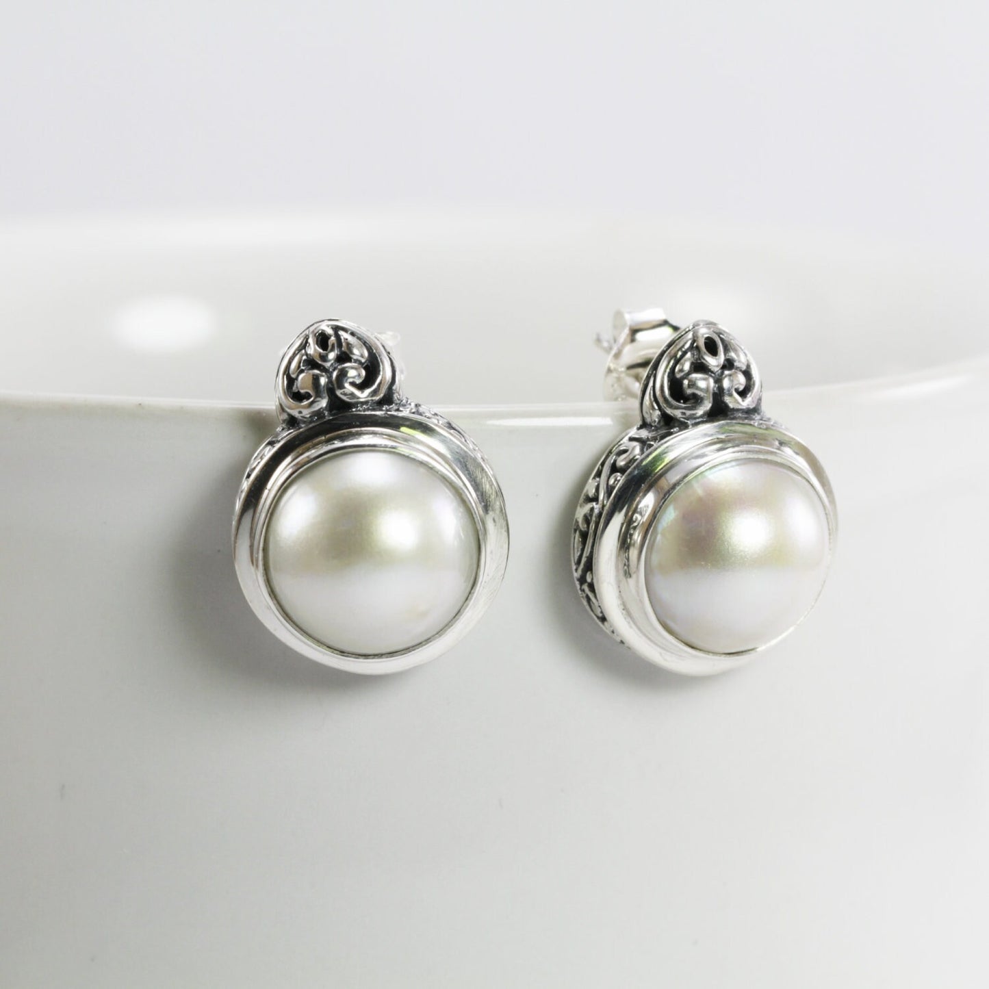 Genuine Round 12mm mabe pearl stud earrings set in Bali handmade 925 sterling silver decorated with swirl filigree art,