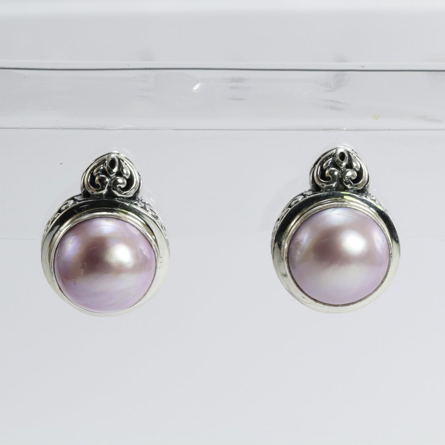 Genuine Round 12mm mabe pearl stud earrings set in Bali handmade 925 sterling silver decorated with swirl filigree art,