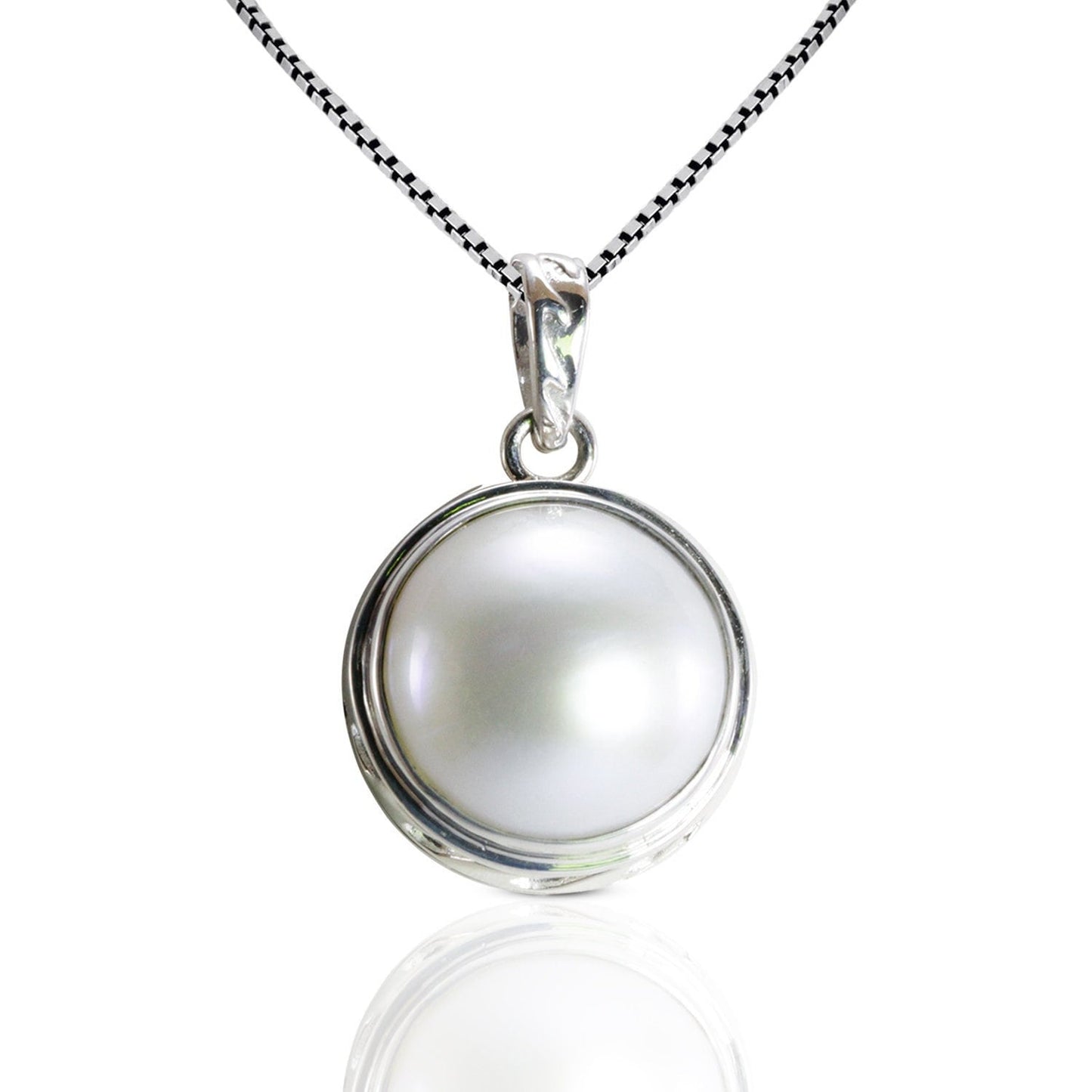 Genuine round 15 MM white Mabe pearl set in 925 sterling silver pendant bezel set decorated with sea wave art carving