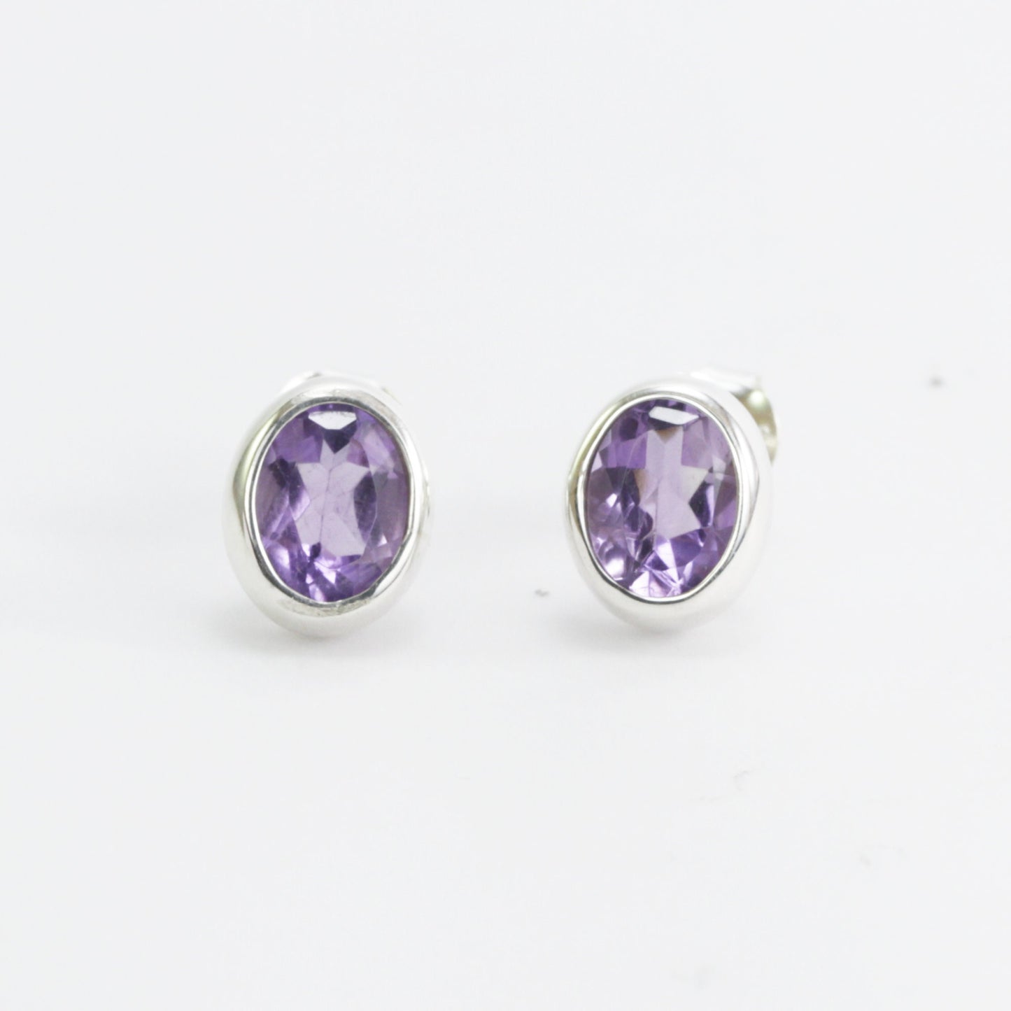 Oval Amethyst Earrings Studs 6*8 oval shape bezel set in 925 stud earrings push back closure