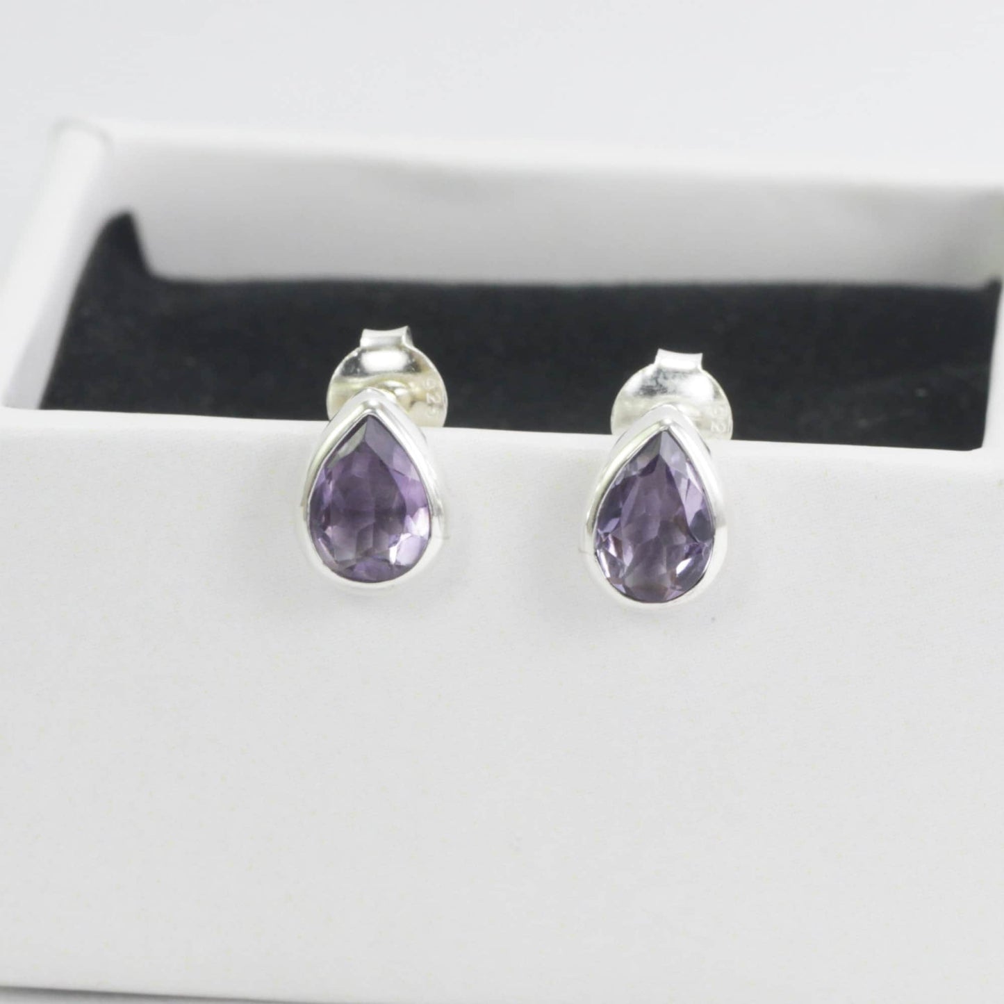 Teardrop Amethyst Earrings Studs 6*9 mm bezel set in 925 stud earrings push back closure